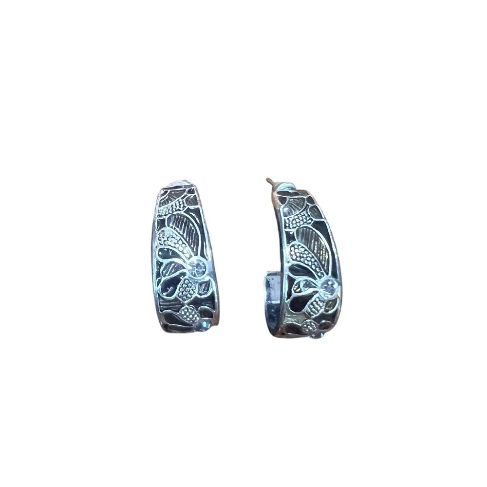 Vintage Silver Tone Filigree Half Hoop Pierced Earrings Floral Rhinestone MCM